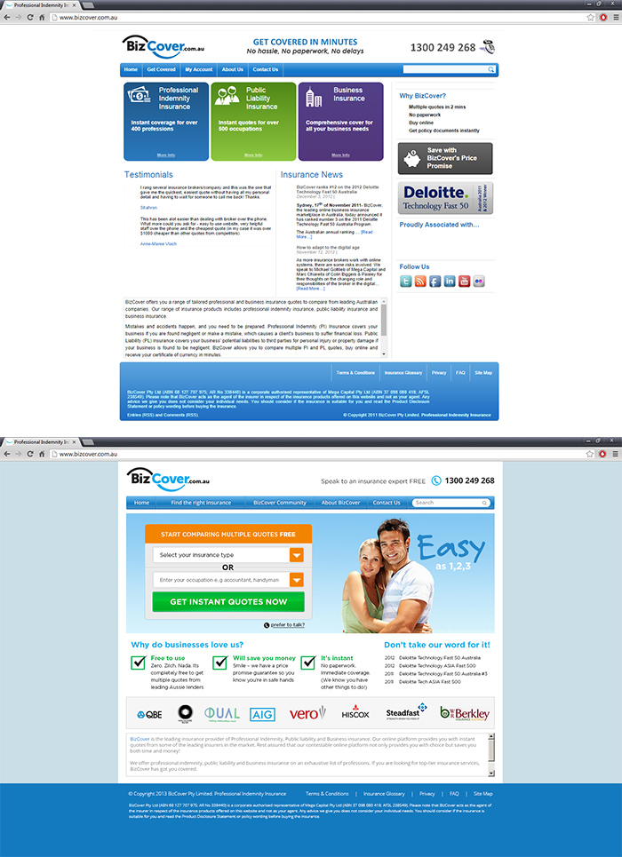 Before and after the BizCover homepage redesign