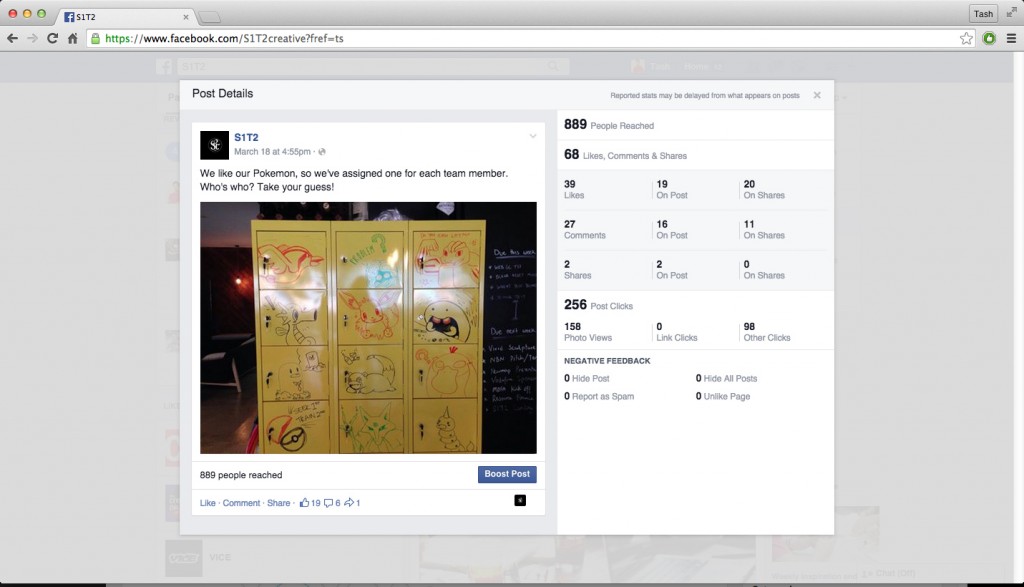 S1T2 Facebook page likes, comments and shares real time data