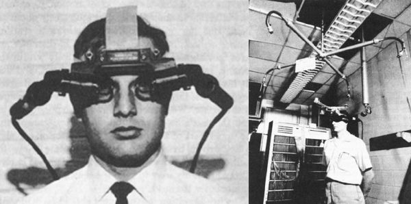 Ivan Sutherland wearing prototype virtual reality goggles