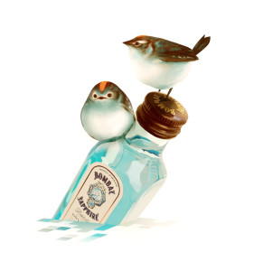 Artwork of two birds resting on Bombay Sapphire bottle