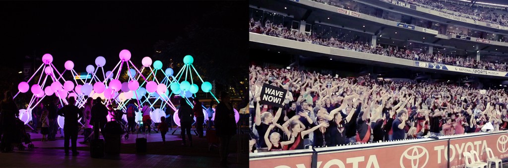 Collage of Vivid Interactive Light Sculptures and Visa Members in Sports Crowd