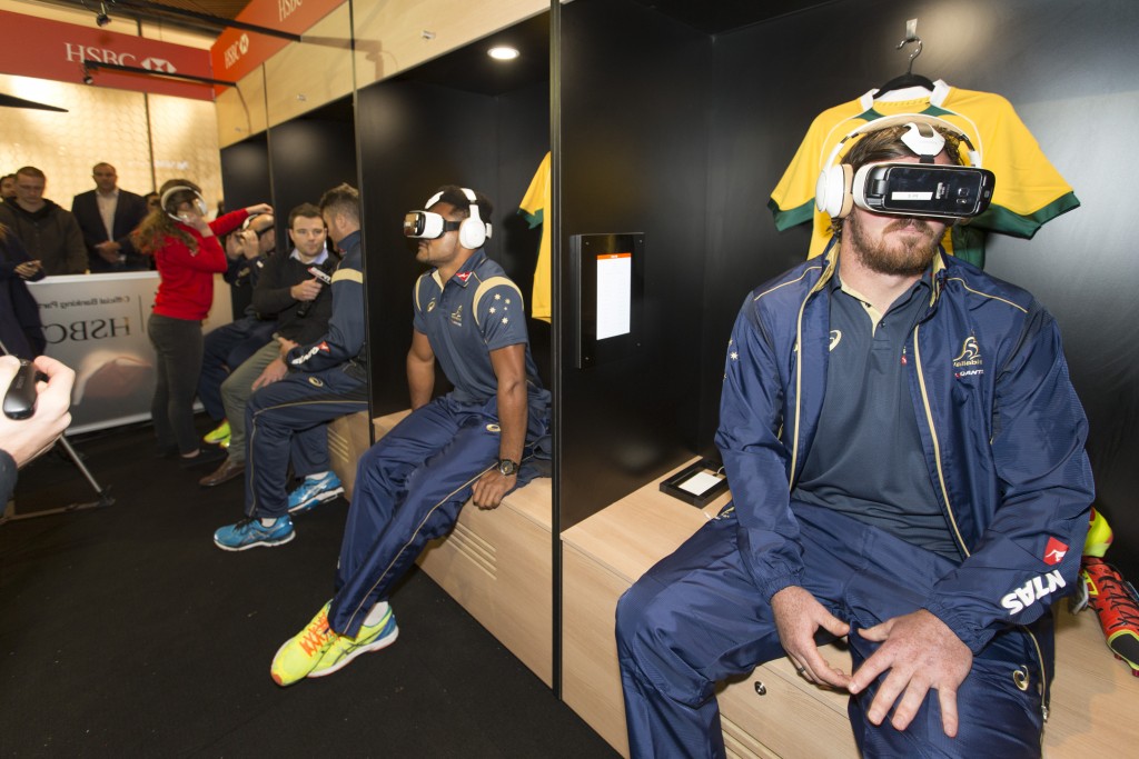 HSBC Wallabies using Virtual Reality Goggles in Locker Room