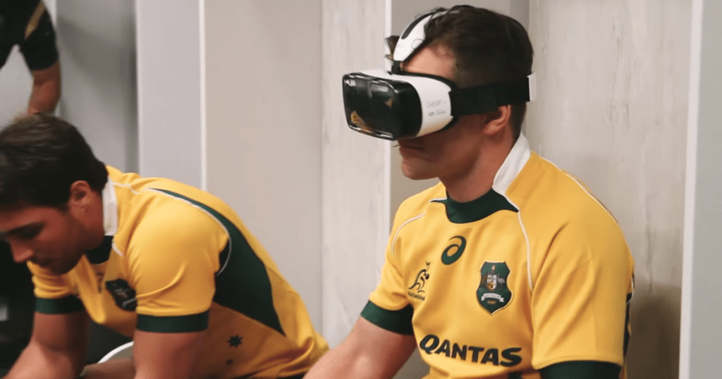 HSBC Wallabies player wearing Virtual Reality Goggles