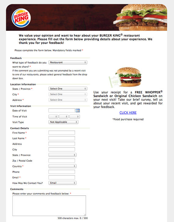 Outdated website form design from Burger King