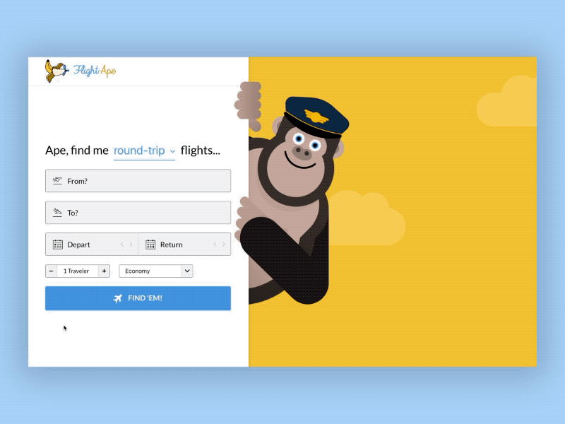 Ape Flights flight search form and animations