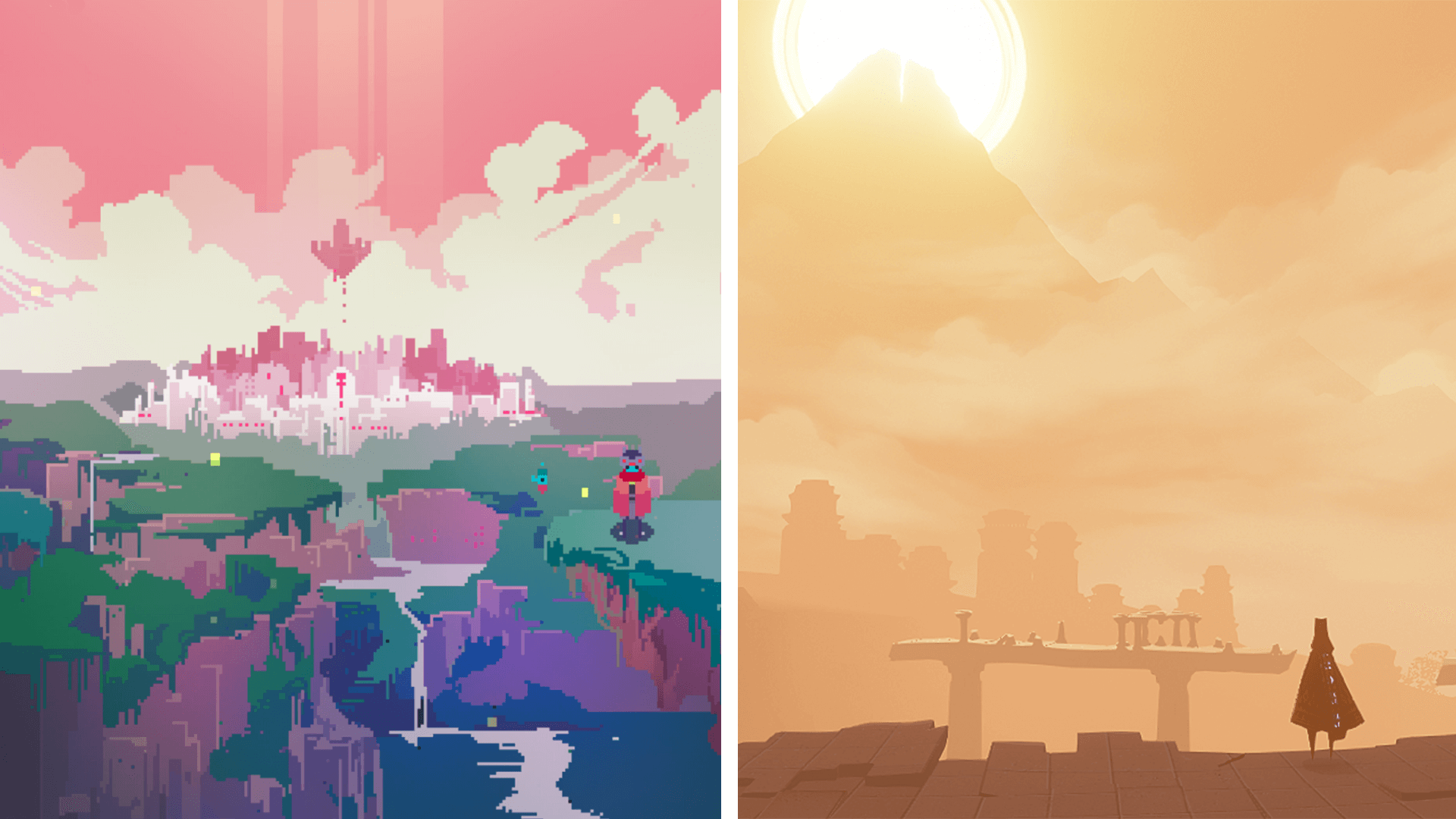 Screenshots from Hyper Light Drifter and Journey video games
