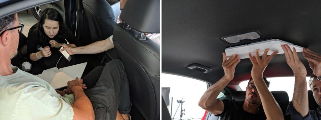 S1T2 team attaches light panels to car for Kia Caraoke experience