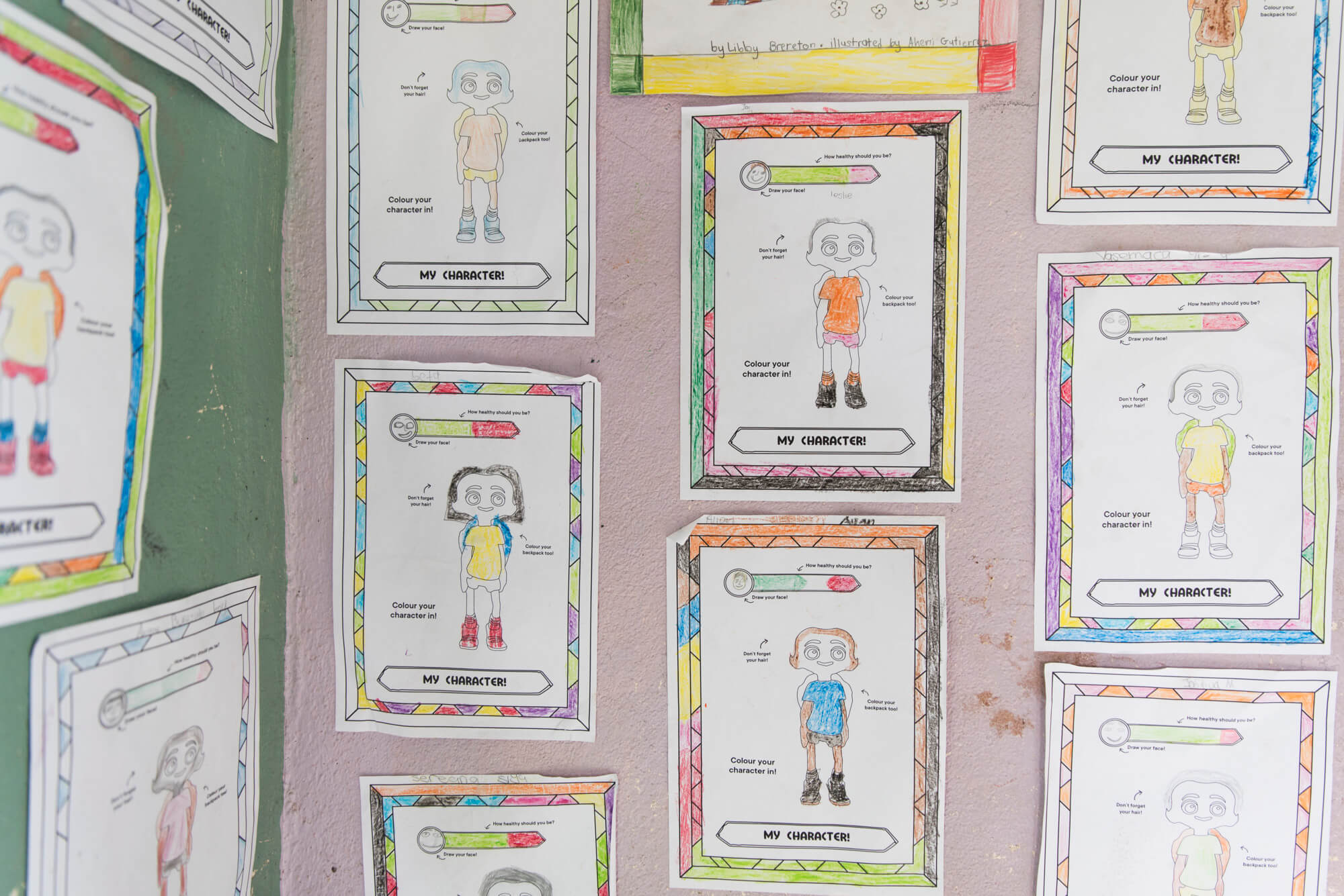Beyond the Stars character worksheets decorate a classroom in Nausori, Fiji.