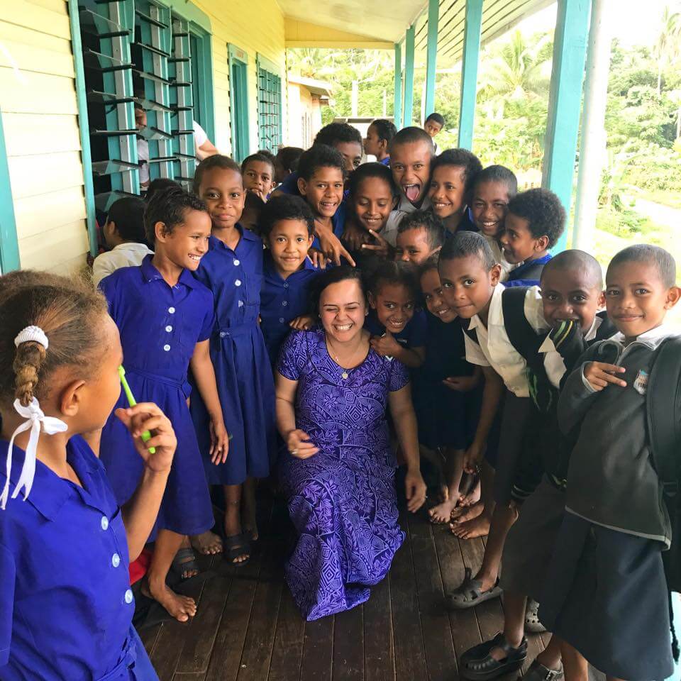 Arieta Rika with school children in Vanua Levu, Fiji