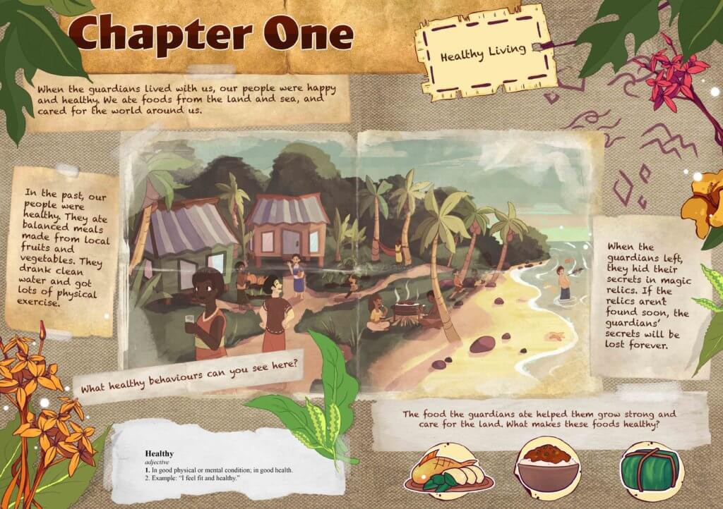 Page illustrations of Pacific Island from the Beyond the Stars storybook