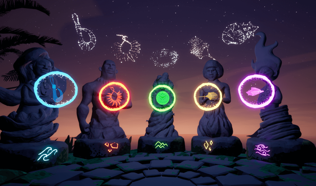 Pacific Island inspired guardian statues in the Beyond the Stars VR game
