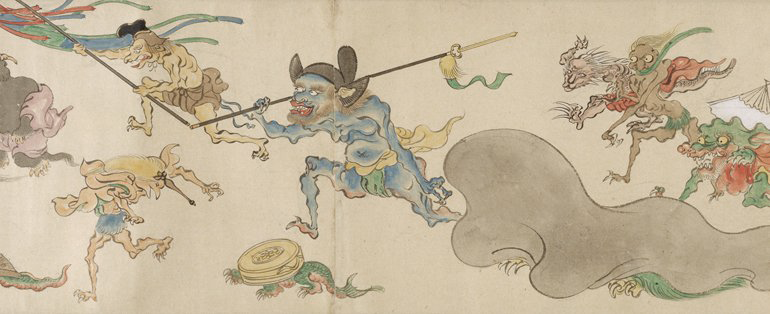 Close up of Hiroharu Itaya’s narrative Japanese handscroll ‘Night procession of the hundred demons (Hyakki Yagyô)’ at the Art Gallery of NSW