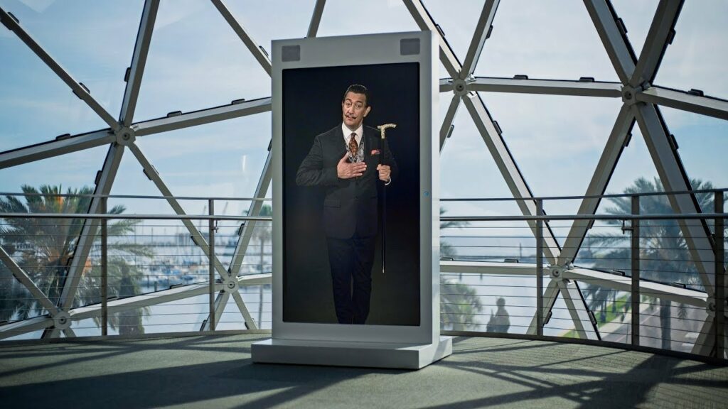 Large screen shows a visualisation of Salvador Dali generated through artificial intelligence at the Dali Museum in Florida, USA