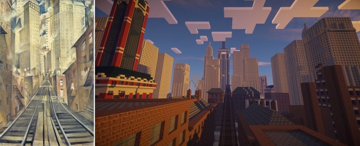 Christopher Nevinson’s ‘The Soul of the Soulless City’ next to a Minecraft map of the artwork created by the Tate museum