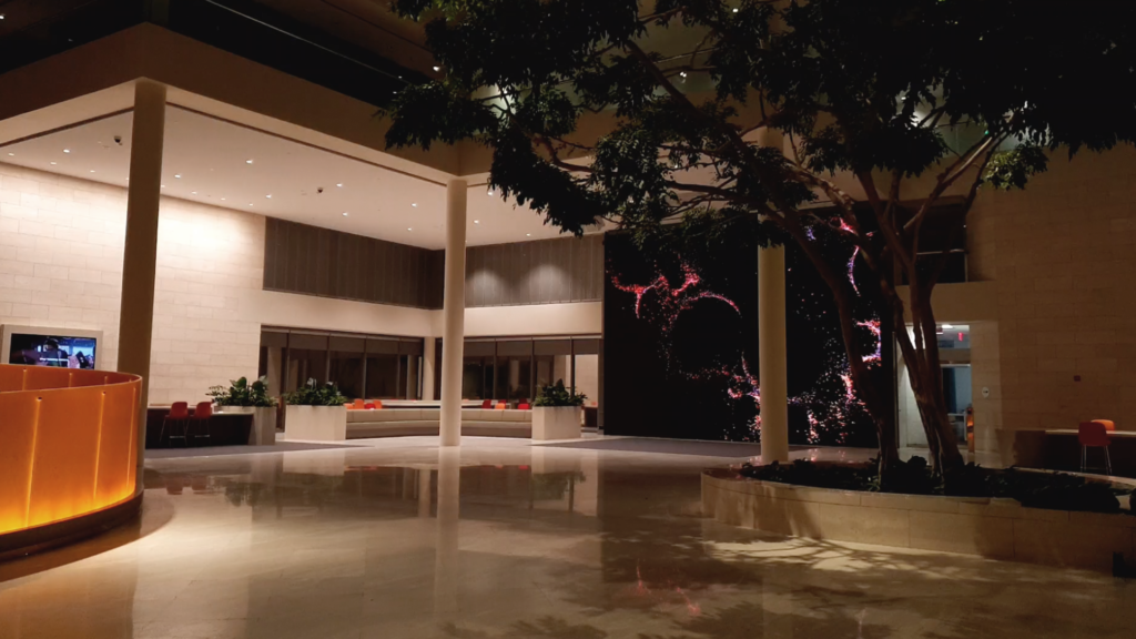 Data Heart interactive data visualisation on LED screen in New York corporate lobby.