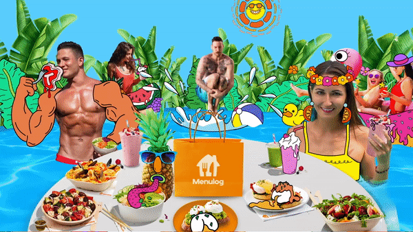 Gif shows art direction from three scenes from the Menulog Baller Banquet