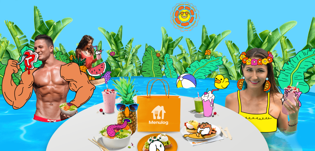 Doodle-style illustrations in the pool party scene of the Menulog Baller Banquet campaign
