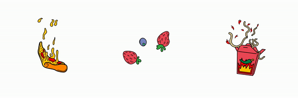 Pizza, fruit and noodle box Lottie web animations made for the Menulog Baller Banquet